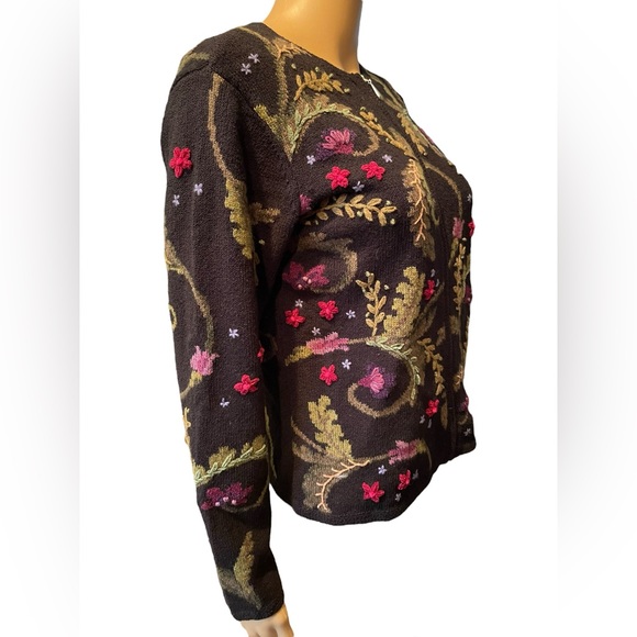 Talbots Earthy Boho Hippie Whimsygoth Embroidered Floral Leafy Sweater Jacket - Picture 3 of 8